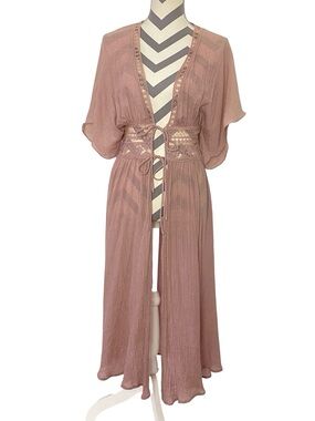 Aakaa Mauve Pink Duster Dress Wrap Womens Size Small Crepe Midi Lace Tie Waist